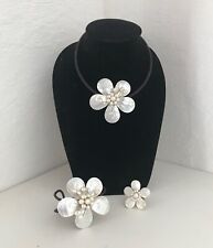 Shell and Pearl Flower Necklace, Bracelet and Ring Set