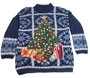 Heirloom Collectibles Christmas Tree Sweater Blue Snowflake Knit Tunic Medium - Picture 1 of 21