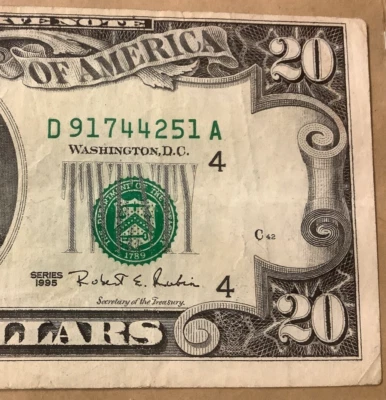 ⭐1995 Uneven ☆ Offset Main Seal Old Money $20 Dollar Bill ☆ Fancy Serial Number - Image 1 of 4