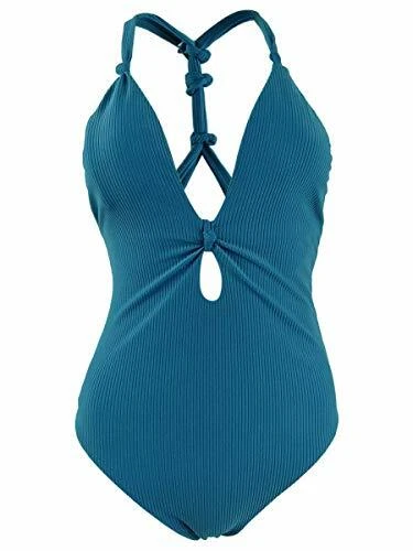 Bar III Like It or Knot Ribbed Plunge One-piece Swimsuit Turquoise Blue XL