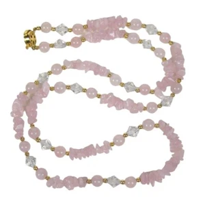 Rose Quartz Chip Beaded Necklace 30 inch Glass Bead Goldtone Box Clasp Strand - Picture 1 of 10
