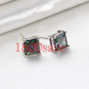 18K White Gold Plated Tarnish-Resist 6mm Rainbow Zirconia Stud Post Earrings C1V - Picture 1 of 2