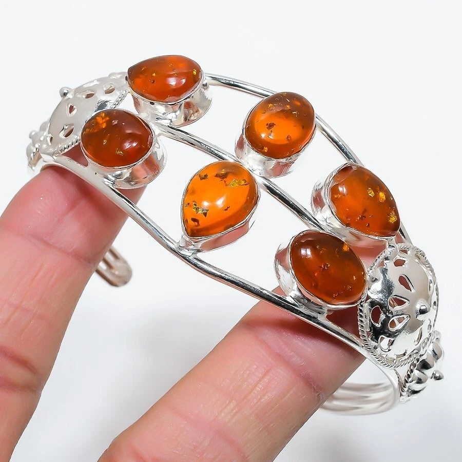 Bracelete ajustável de prata esterlina 925 feito à mão com pedra preciosa âmbar - Imagem 1 de 1