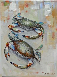 12x16  Blue Double Crab Original Stretched Canvas Oil Painting Wall Art Work - Picture 1 of 7