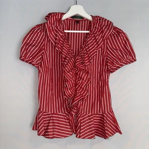 Blusa Ralph Lauren Verde Etiqueta Roja Blanca Pin Rayas Volantes Cuello Talla Pequeña - Imagen 1 de 9