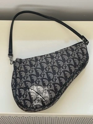 Authentic DIOR Saddle Shoulder Bag Trotter Canvas Leather Navy Used Good! - Image 1 of 4