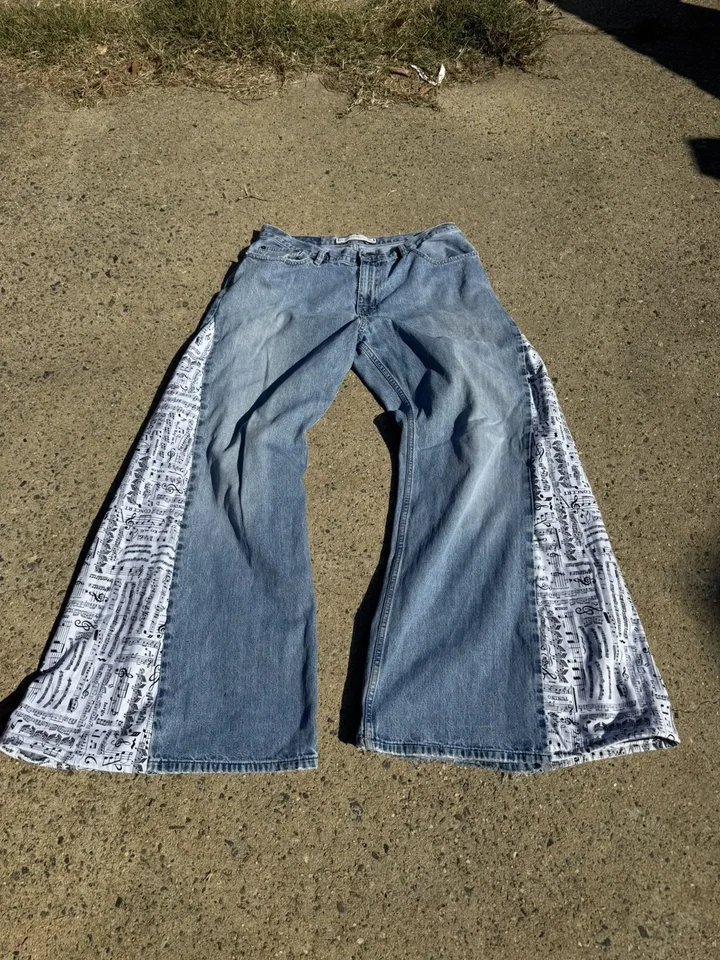 jeans personalizado azul claro lavagem música branco e preto muito folgado Y2K 34 32 - Imagem 1 de 4