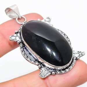 Black Onyx Gemstone Handmade Silver Jewelry Pendant 2.36" N671
