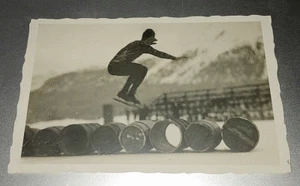 RPPC Postcard: Ice Skate Jumping; Skater Jumping Over Barrels - Picture 1 of 3