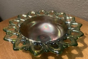 Vtg Northwood Carnival Glass Reticulated Bowl Green Iridescent Wild Rose Footed - Picture 1 of 11