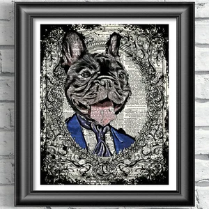 Estampado de Bulldog Francés De Colección Página de Diccionario Arte de Pared Imagen Perro en Traje Arte - Imagen 1 de 2