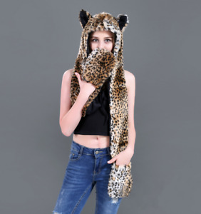 Faux Fur Animal Wolf Tiger Ears Hat Gloves Mittens Long Scarf Snood Hood Paws