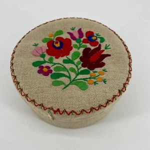 Vintage Embroidered Jewelry Trinket Box Round Floral Design Hand Made Hungary - Picture 1 of 11