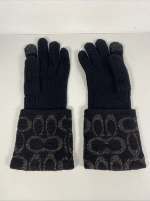 Coach Signature C Gold Metallic Women’s Black Knit Wool Tech Gloves ~ NEW - Image 1 of 3
