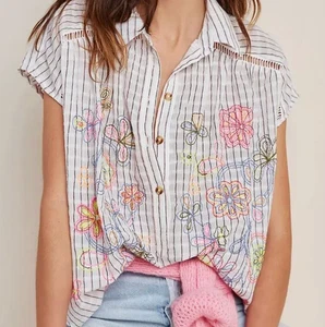 Pilcro Anthropologie Top Womens XL Linen Blend Serena Surf Henley Embroidered - Picture 1 of 12