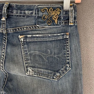 Jean vintage Y2K 00s dorado signo Passion tiro bajo corte boot acampanado 28 azul hecho en EE. UU. - Imagen 1 de 17