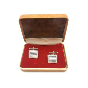 Vintage Cufflinks In Box. Silver Tone Square Textured Design. Retro mens Wedding - Picture 1 of 7