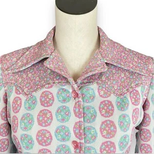 Vintage 1970s Western Shirt Dagger Collar Pastel Polka Dots Floral Women Retro - Picture 1 of 14