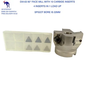 FACE MILL 63MM CUTTER WITH 10 CARBIDE INSERTS POSITIVE RAKE 90* CUTTER - Picture 1 of 2