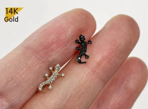 14K Solid Gold Black White CZ Salamander Cubic Zirconia Earring Barbell Piercing - Picture 1 of 7