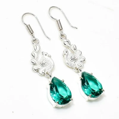 925 Sterling Silver Green Tourmaline Gemstone Handmade Jewelry Earring Size-1.8" - Image 1 of 4