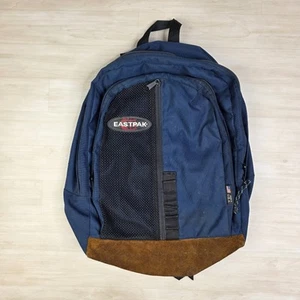 Vintage 90s EASTPAK Blue Backpack Bag Day Pack Leather Suede Bottom Made In USA - Picture 1 of 10