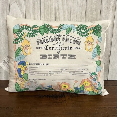 Almohada vintage 1993 certificado de nacimiento bebé recuerdo jungla 11x15 Luv 'N Care EE. UU. Foto 1 de 4