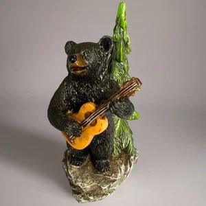 Black Bear Playing Guitar Figurine Musical Wildlife Pine Tree Realistic Decor - Picture 1 of 5