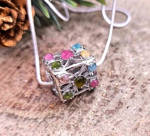 Nature Rainbow Faceted Tourmaline Rectangular Cage Pendant Necklace - Picture 1 of 10