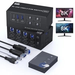 8K HDMI KVM Switch 2 Monitors 4 Computers Dual Monitor Support 8K@60Hz 4K@120... - Picture 1 of 8