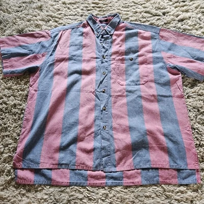 Camisa Para Hombre Vintage Años 90 Sasson Azul Rosa Manga Corta Abotonada Algodón X-Grande Foto 1 de 4