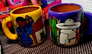 Pair of Large Hand-Painted Colorful Yellow Purple Mexican Mugs NEW Folk Art - Picture 1 of 8