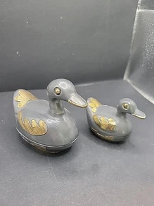 Vintage Zinn & Messing Ente Schmuckschatullen Metall 2er Set - Bild 1 von 14