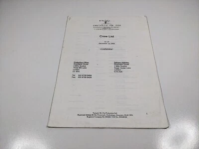 Fantastic Mr Fox Crew List 2008 Production Movie Set Collectable - Image 1 of 4