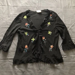 Vintage Vespucci Black Mesh Ruffle Cardigan with beaded flowers (M) - Picture 1 of 4