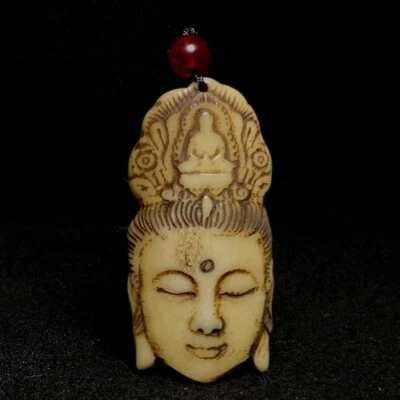 Old Chinese Tibet Carved Avalokitesvara Kwan-yin Head Statue Necklace Pendant - Image 1 of 4