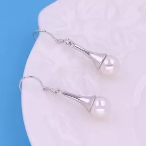 Silver Plated Drop Hook Pearl Earrings Women Ladies Girls Jewellery Gift - Picture 1 of 2