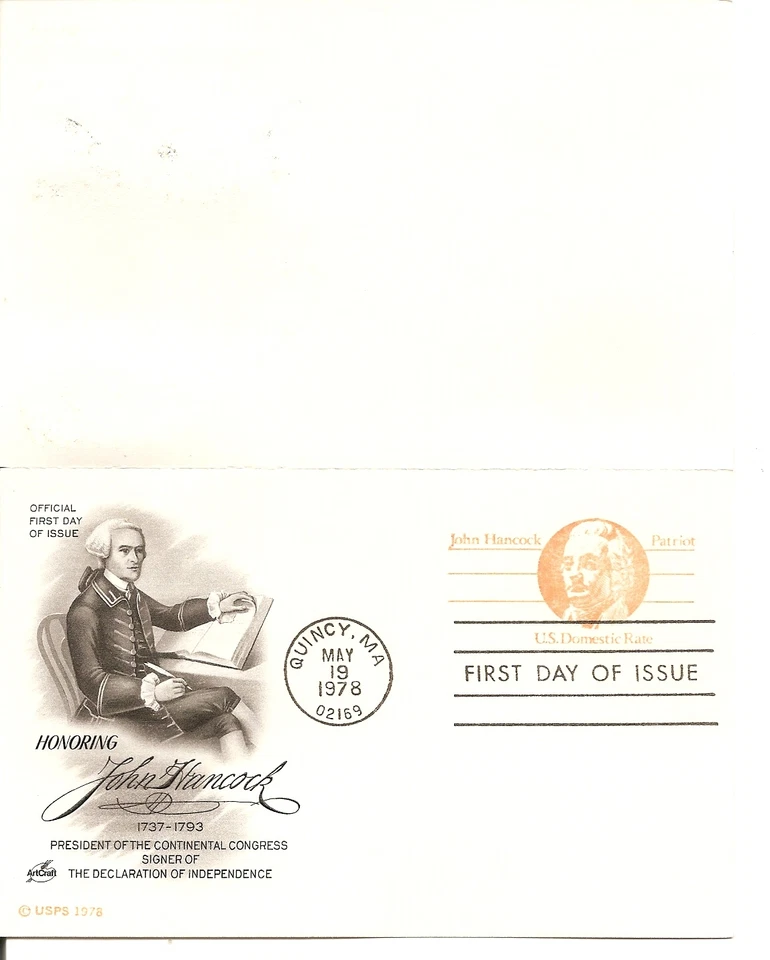 US SC # UY29 John Hancock .Postal Card FDC. artcraft Cachet - Image 1 of 1