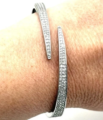 Michael Kors Pave Matchstick Hinged Bangle Bracelet Silver Tone Crystal Bypass - Image 1 of 4