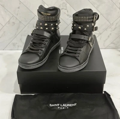SAINT LAURENT PARIS  Black Leather Studded High Top Sneakers Size 38 - Image 1 of 4