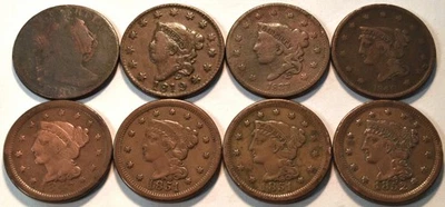 Lot (8) Large Cents 1800 Draped Bust 1819 1837 Coronet Head 1840 Braided Penny - Image 1 of 4