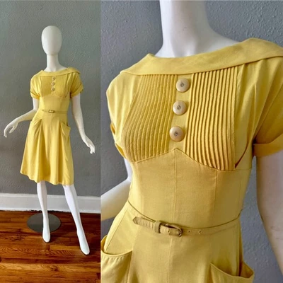 Vintage 50s Yellow Pin Up MADMEN Belted A-Line Day Dress XS - Image 1 of 4