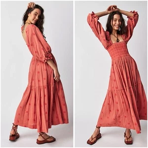 Maxi Vestido Free People Dahlia Bordado XS Óxido Coral Calado Boho Algodón - Imagen 1 de 14