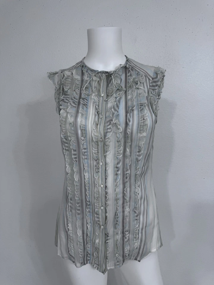 Top Rena Lange Vintage Marfil, Púrpura Seda Gasa Con Volantes Hecho en Alemania XS/S Foto 1 de 4