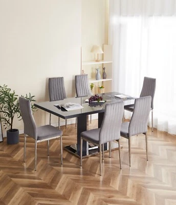 Dining Table Set Grey Glass and Grey High Gloss Rectangle 6 Grey Velvet Chair - Image 1 of 4