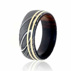 9mm Damascus Wedding Band with Dual 14k Gold Off Center Grooves Ironwood Sleeve - Picture 1 of 4