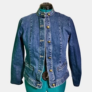 Vintage Casual Corner Stretch Blue Denim Jacket Size 10 Beaded Collar Neck - Picture 1 of 8