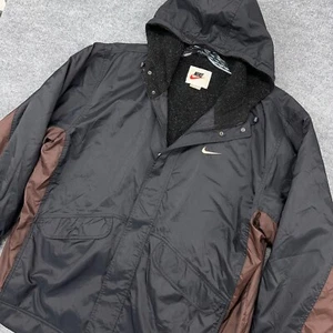 Vintage Nike Jacket Mens L Black Brown Hood Sherpa Fur Lined Coat White Tag 90s - Picture 1 of 12