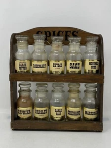 Vintage Wood Spice Rack Mexico Made w/ 10 Glass Spice Jars Made in Japan. - Picture 1 of 10