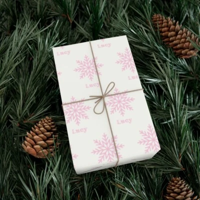 Personalized Christmas Wrapping Paper, Pink Snowflake Winter Wrapping Paper Roll - Image 1 of 2